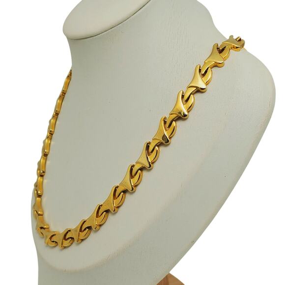 Vintage Gold Plated Choker Geometric Link Necklace 1980s Statement Chain Retro - Picture 2 of 6